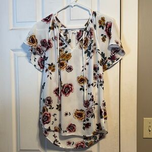 Maurices White Floral Blouse with Burgundy and Yellow Accents